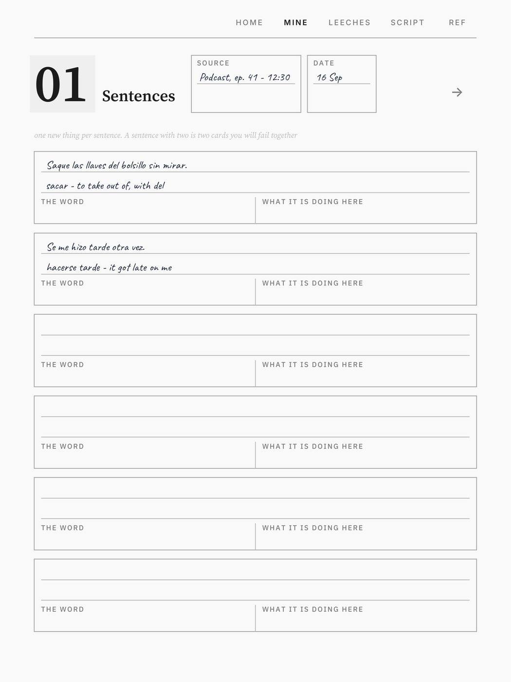 Language Notebook, a page filled in