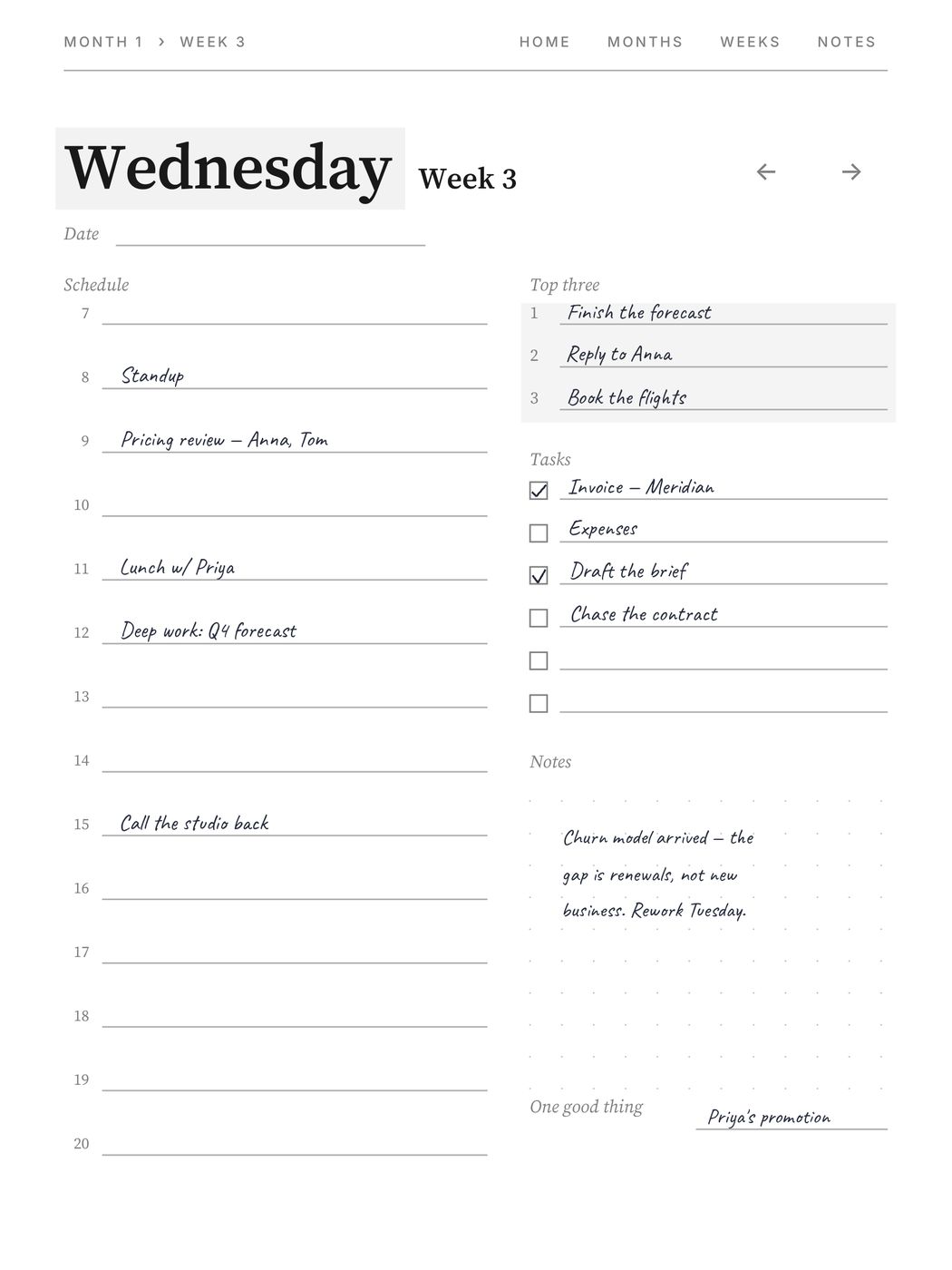 Undated Weekly System, a page filled in