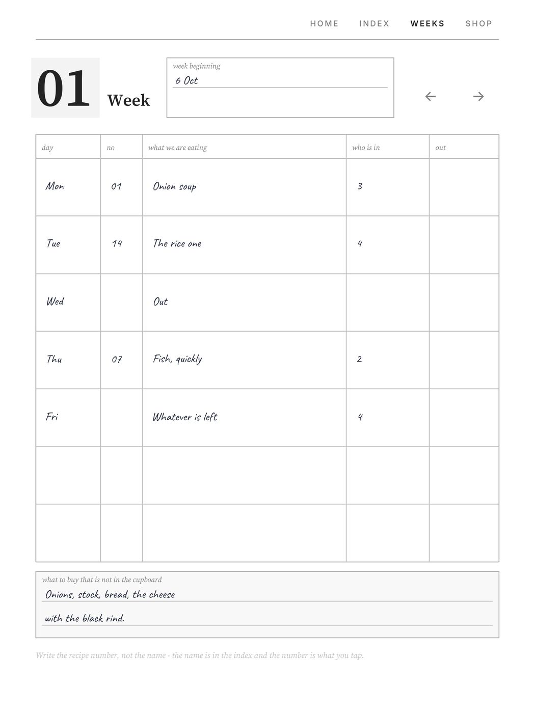 Recipe Book, a page filled in