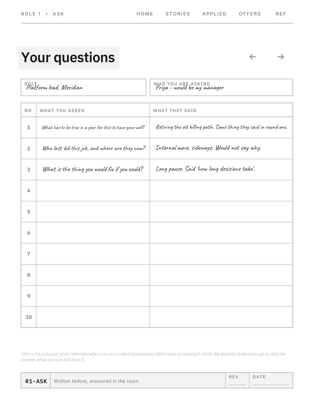 Job Search Book, a page filled in