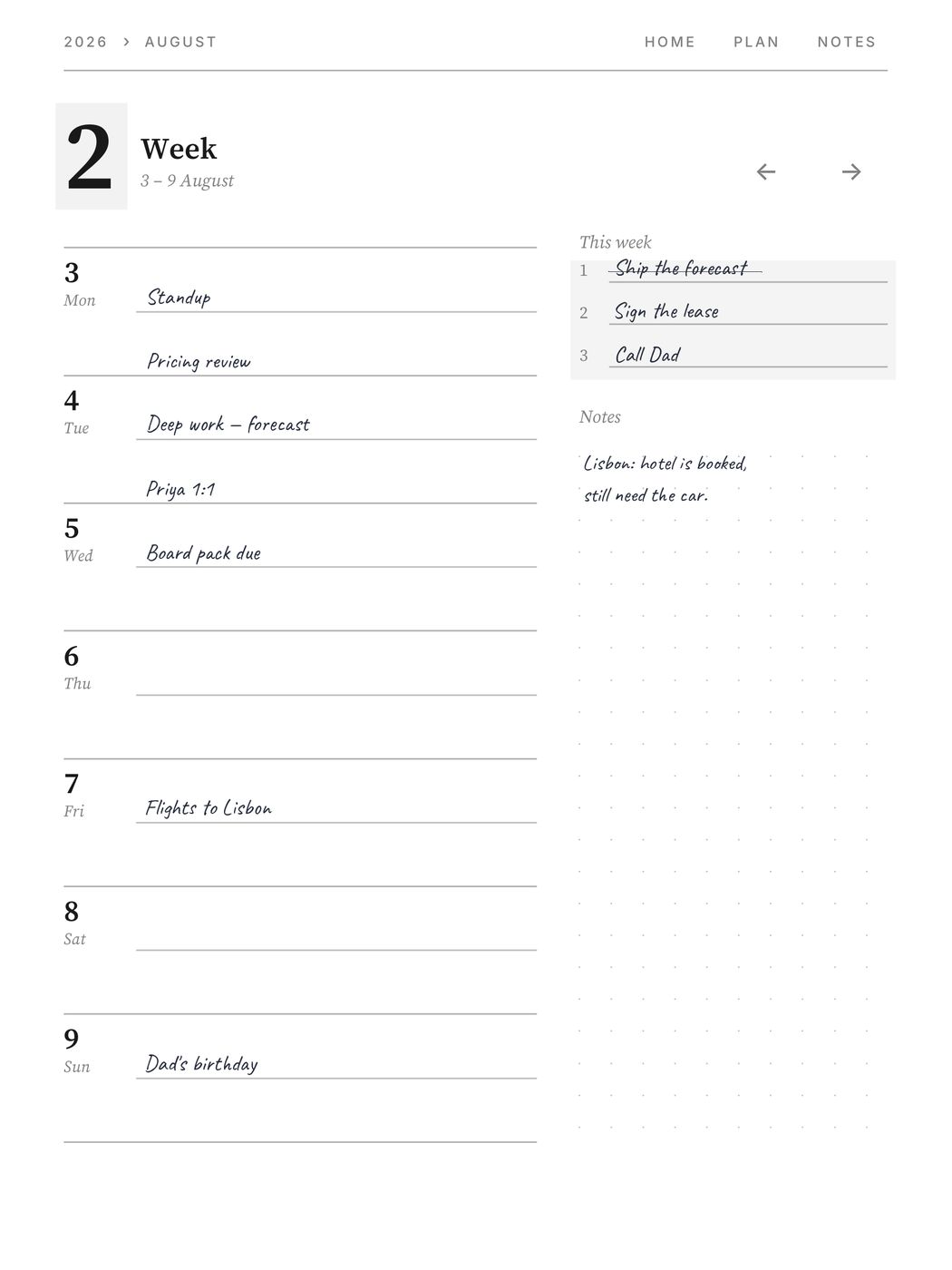 Daily Planner 2026-2027, a page filled in