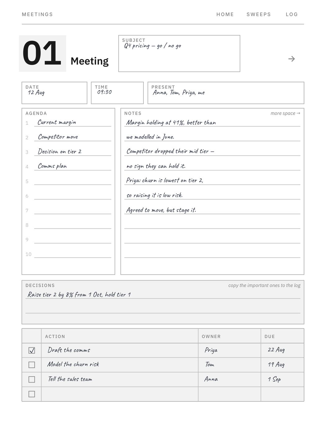 The Meeting Notes System on a paper tablet