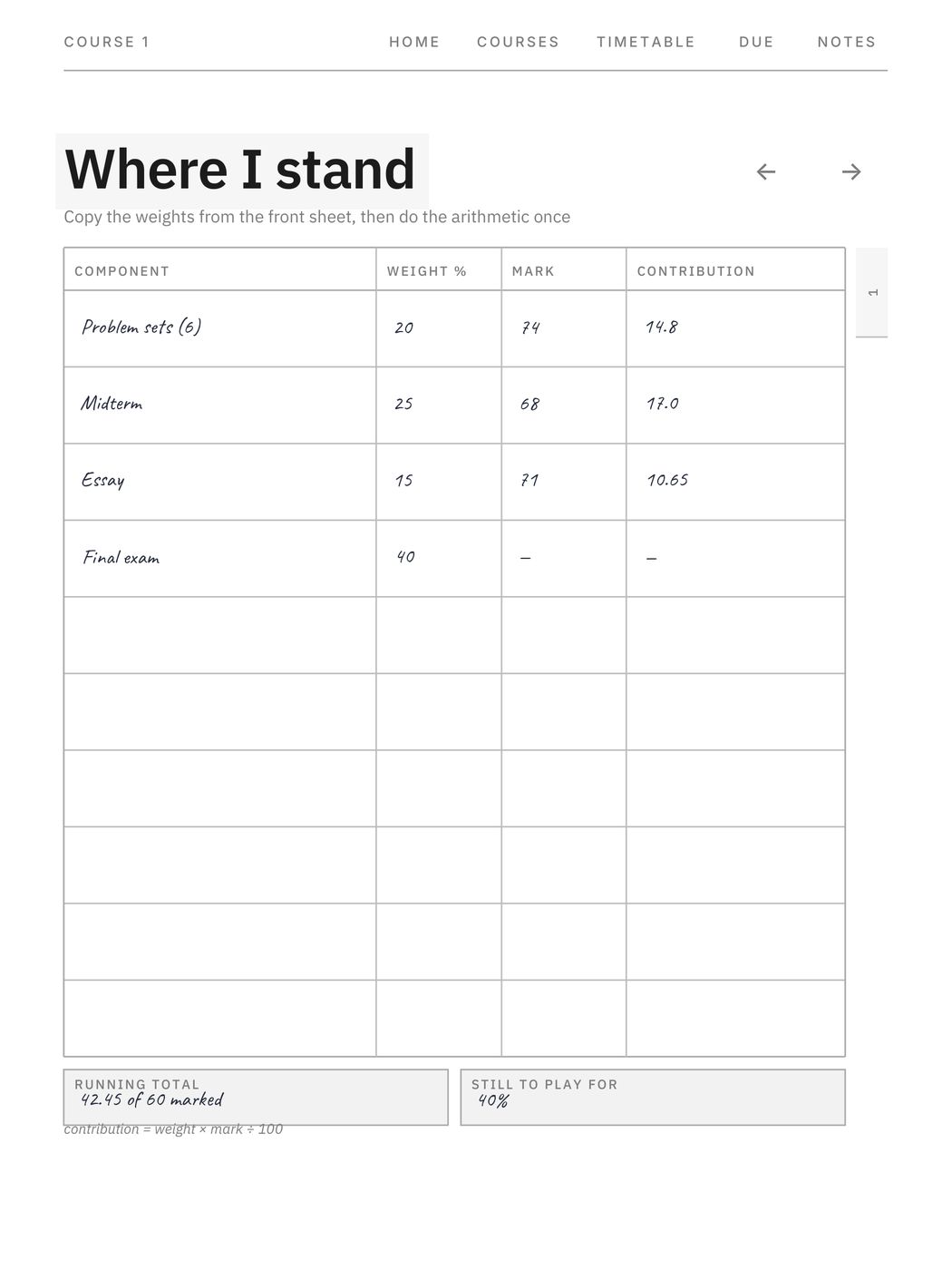 Student System, a page filled in