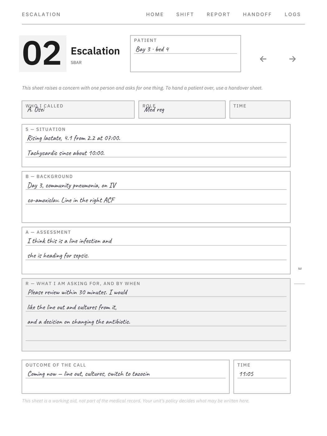Clinical Shift System, a page filled in