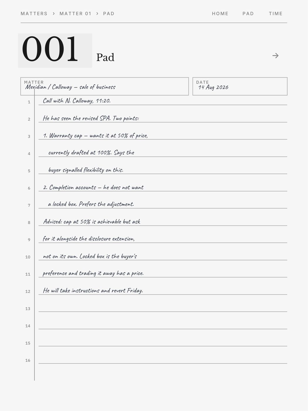 Legal Pad Pro, a page filled in