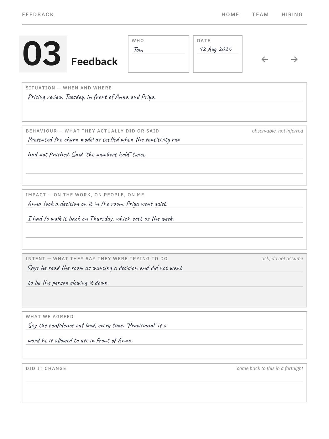 Managers Pack, a page filled in