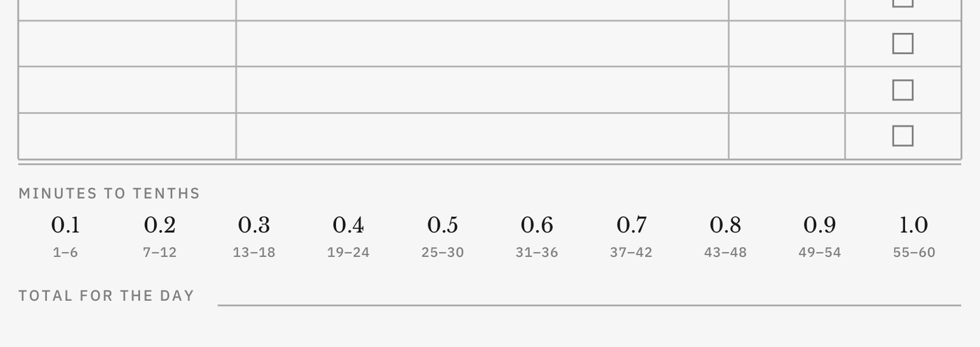 A timesheet, and the tenths chart printed on it